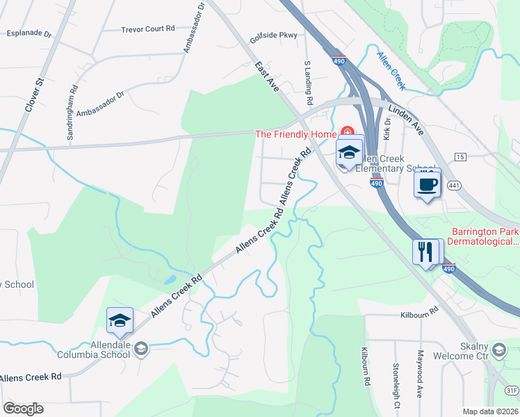 map of restaurants, bars, coffee shops, grocery stores, and more near 129 Brookside Drive in Rochester