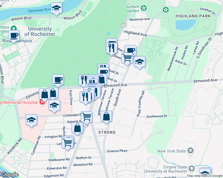 map of restaurants, bars, coffee shops, grocery stores, and more near 830 Elmwood Avenue in Rochester