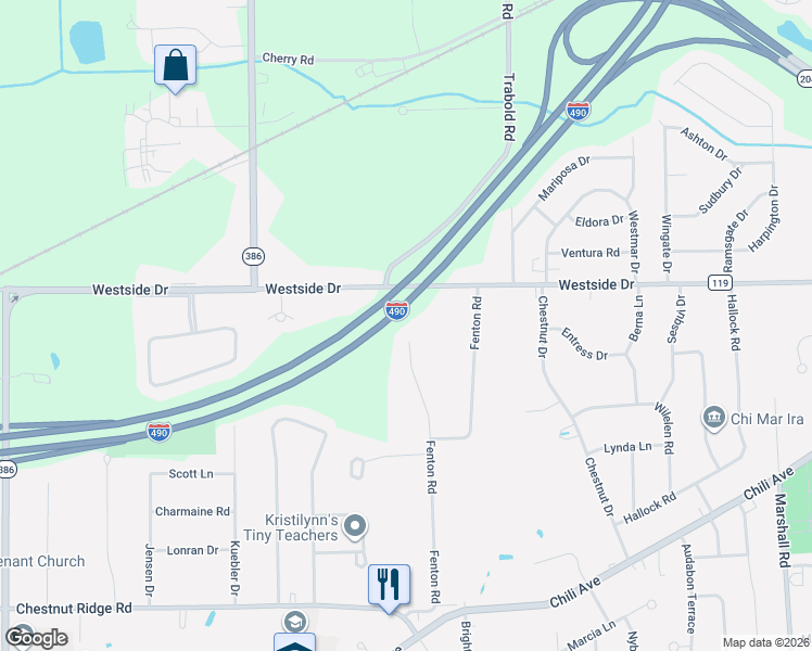 map of restaurants, bars, coffee shops, grocery stores, and more near Interstate 490 in Rochester