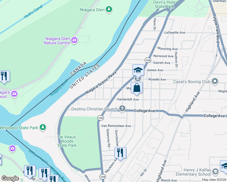 map of restaurants, bars, coffee shops, grocery stores, and more near 730 Maple Avenue in Niagara Falls