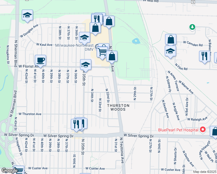 map of restaurants, bars, coffee shops, grocery stores, and more near 5900 North 32nd Street in Milwaukee