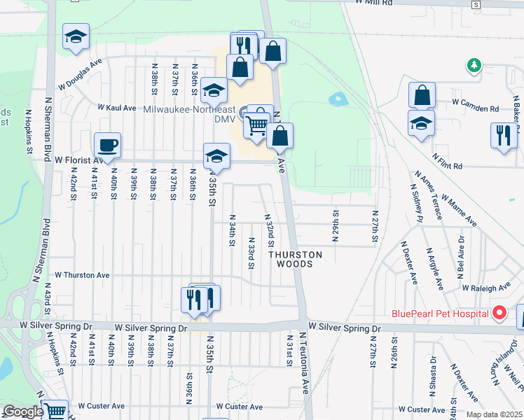 map of restaurants, bars, coffee shops, grocery stores, and more near 5900 North 32nd Street in Milwaukee