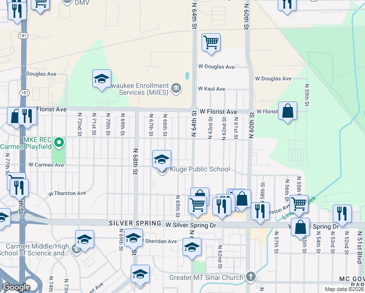 map of restaurants, bars, coffee shops, grocery stores, and more near 5901 North 64th Street in Milwaukee