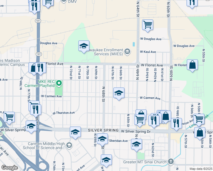 map of restaurants, bars, coffee shops, grocery stores, and more near 5903 North 68th Street in Milwaukee
