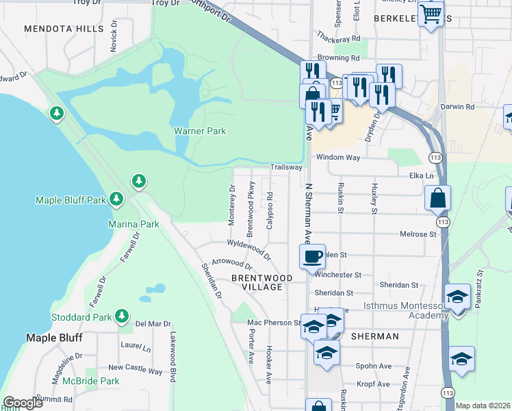 map of restaurants, bars, coffee shops, grocery stores, and more near 2411 Brentwood Parkway in Madison