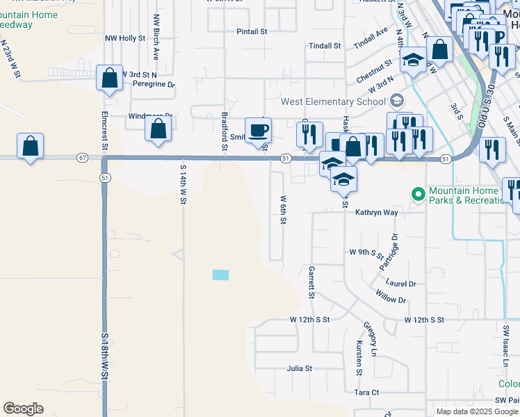 map of restaurants, bars, coffee shops, grocery stores, and more near 1115 West 6th South in Mountain Home