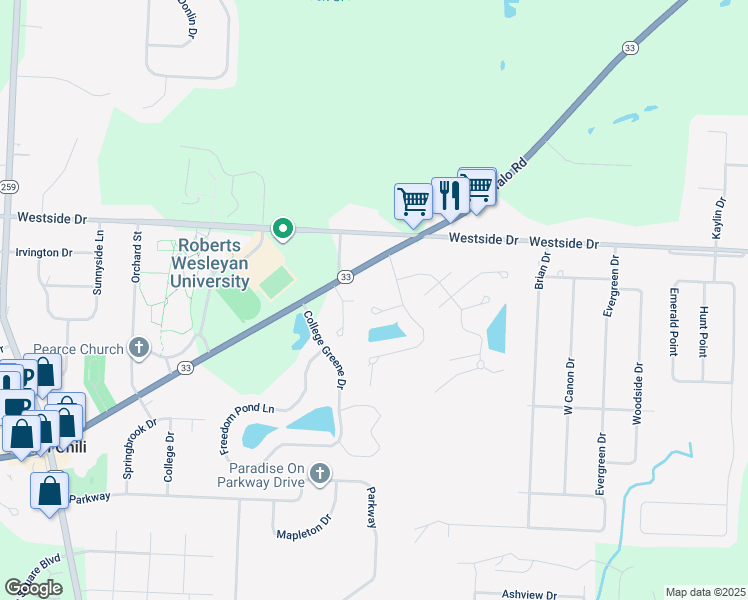 map of restaurants, bars, coffee shops, grocery stores, and more near 10 Lilly Pond Circle in North Chili