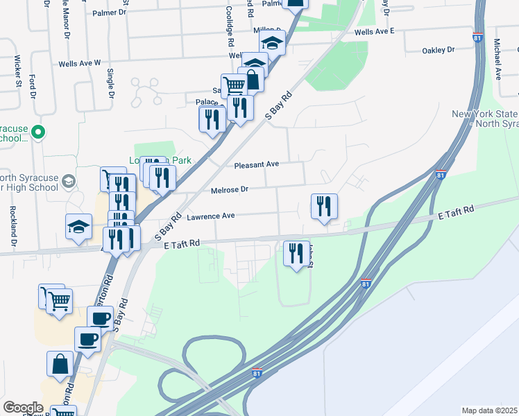 map of restaurants, bars, coffee shops, grocery stores, and more near 226 Melrose Drive in Syracuse