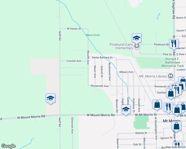 map of restaurants, bars, coffee shops, grocery stores, and more near 8328 Woolfit Avenue in Mount Morris
