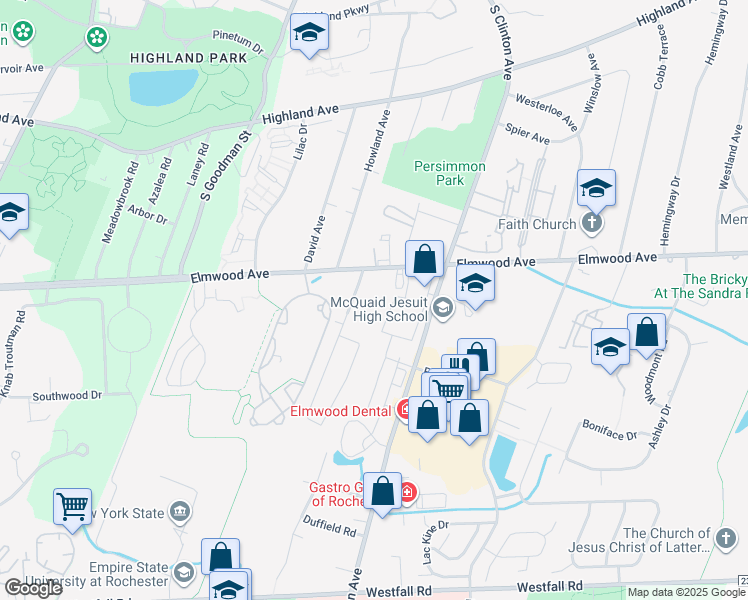 map of restaurants, bars, coffee shops, grocery stores, and more near 1555 Elmwood Avenue in Brighton