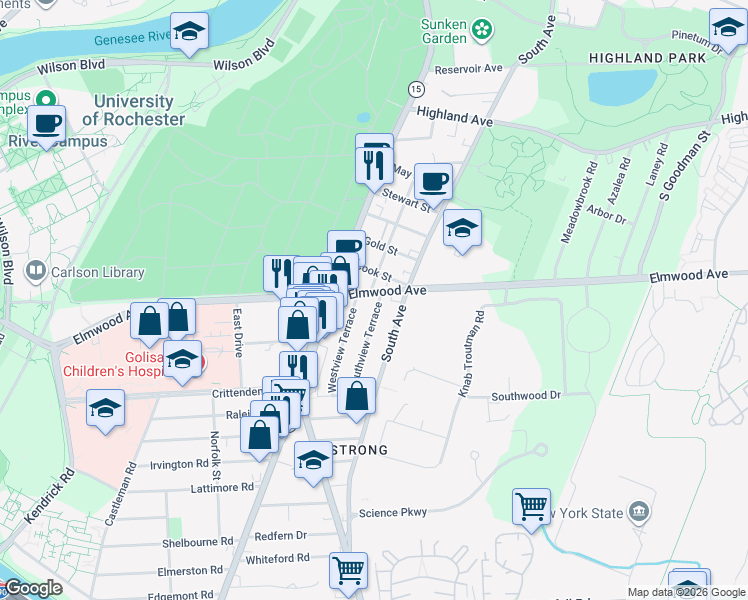 map of restaurants, bars, coffee shops, grocery stores, and more near 830 Elmwood Avenue in Rochester