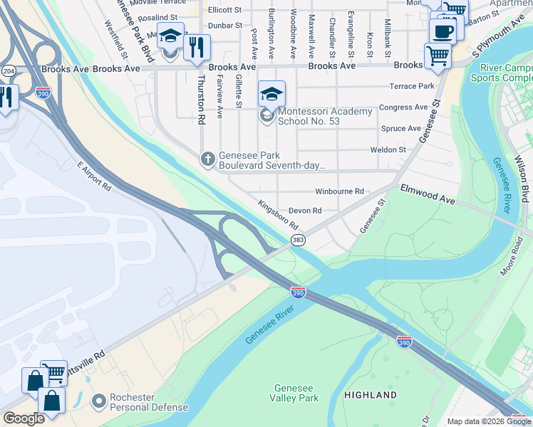 map of restaurants, bars, coffee shops, grocery stores, and more near 121 Kingsboro Road in Rochester