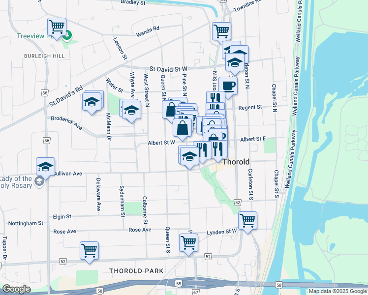 map of restaurants, bars, coffee shops, grocery stores, and more near 36 Albert Street West in Thorold