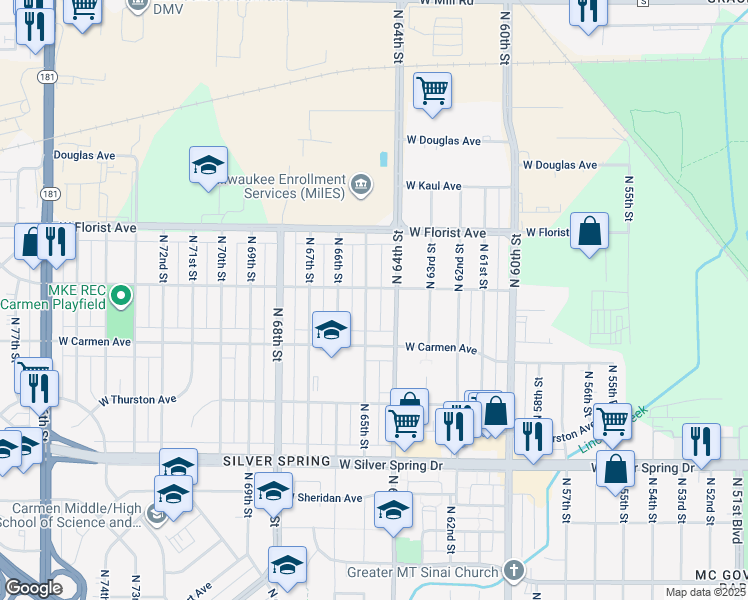 map of restaurants, bars, coffee shops, grocery stores, and more near 5901 North 64th Street in Milwaukee
