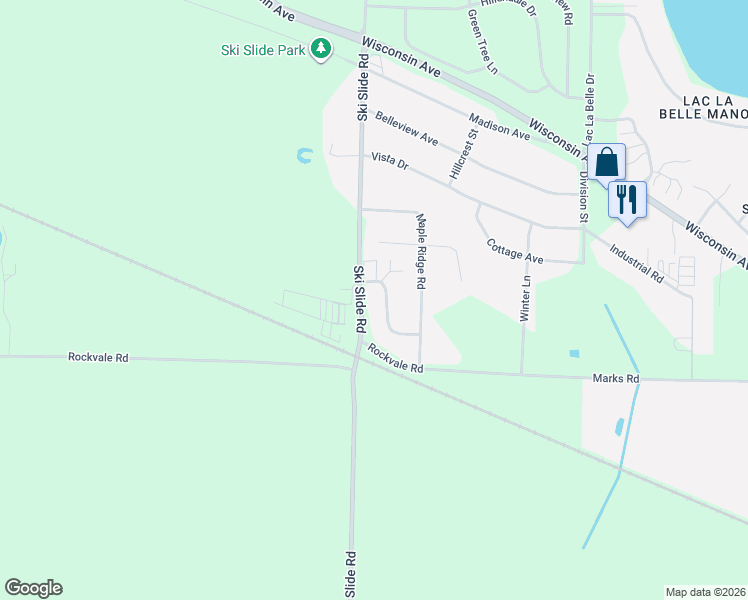map of restaurants, bars, coffee shops, grocery stores, and more near N7771 Vicksburg Way in Oconomowoc