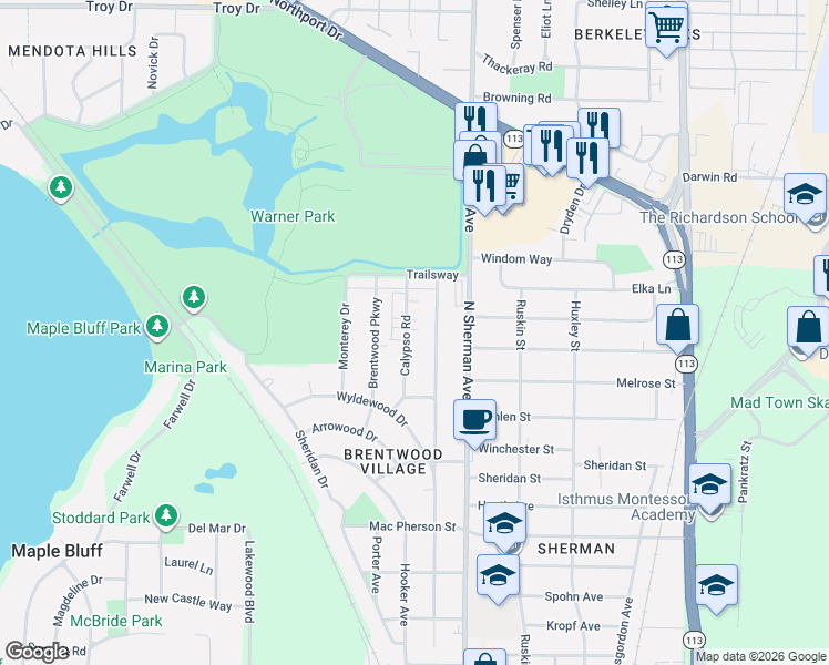 map of restaurants, bars, coffee shops, grocery stores, and more near 2413 Calypso Road in Madison