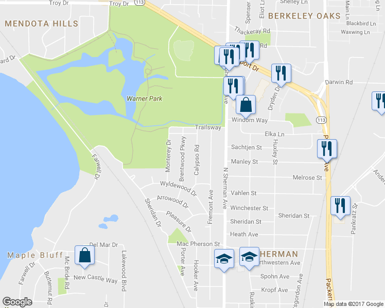 map of restaurants, bars, coffee shops, grocery stores, and more near 2411 Brentwood Parkway in Madison