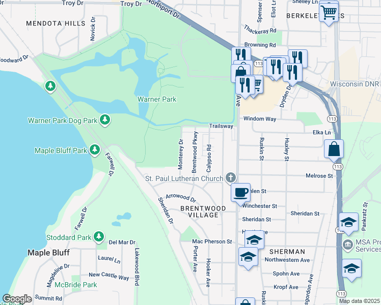 map of restaurants, bars, coffee shops, grocery stores, and more near 2411 Brentwood Parkway in Madison