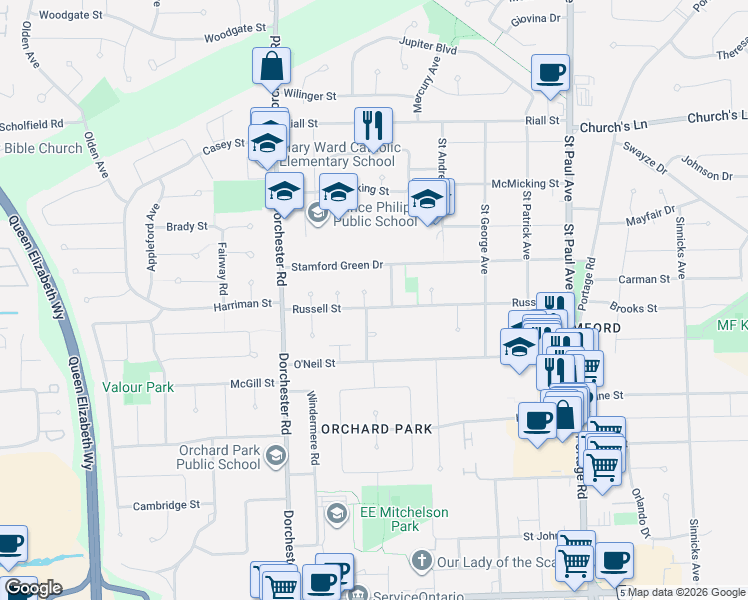 map of restaurants, bars, coffee shops, grocery stores, and more near 6671 Russell Street in Niagara Falls