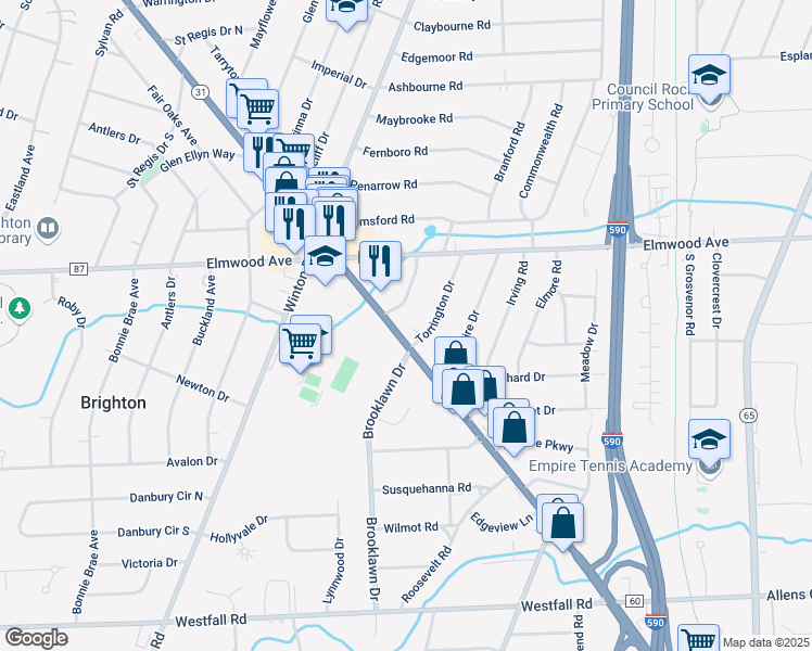 map of restaurants, bars, coffee shops, grocery stores, and more near 2040 Monroe Avenue in Rochester