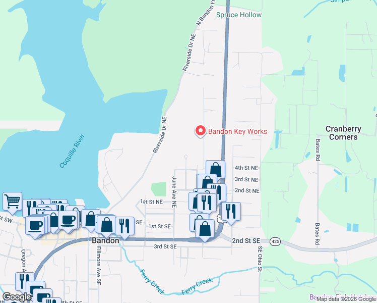 map of restaurants, bars, coffee shops, grocery stores, and more near 576 Klamath Avenue Northeast in Bandon