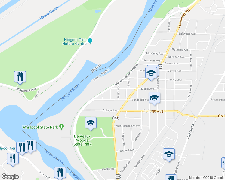 map of restaurants, bars, coffee shops, grocery stores, and more near 605 Maple Avenue in Niagara Falls