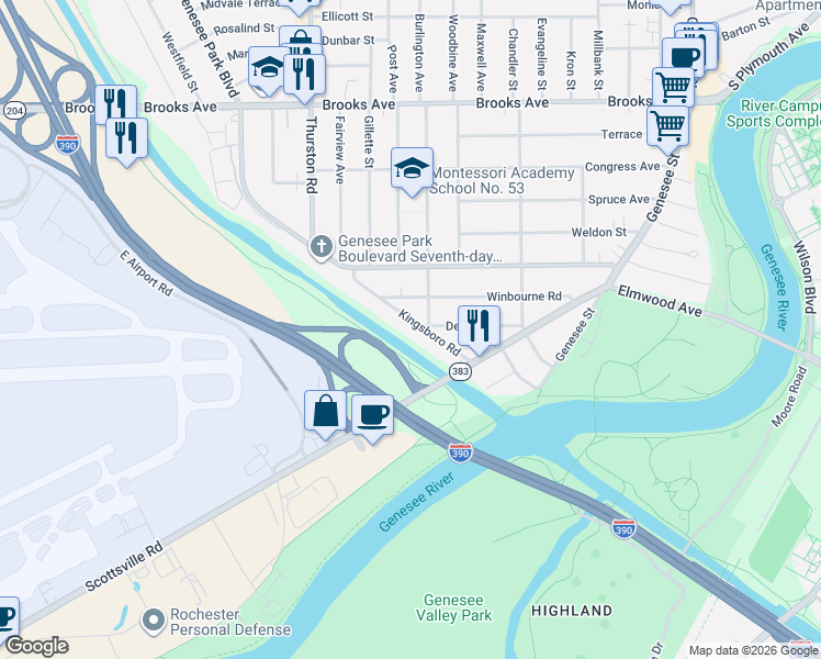 map of restaurants, bars, coffee shops, grocery stores, and more near 121 Kingsboro Road in Rochester