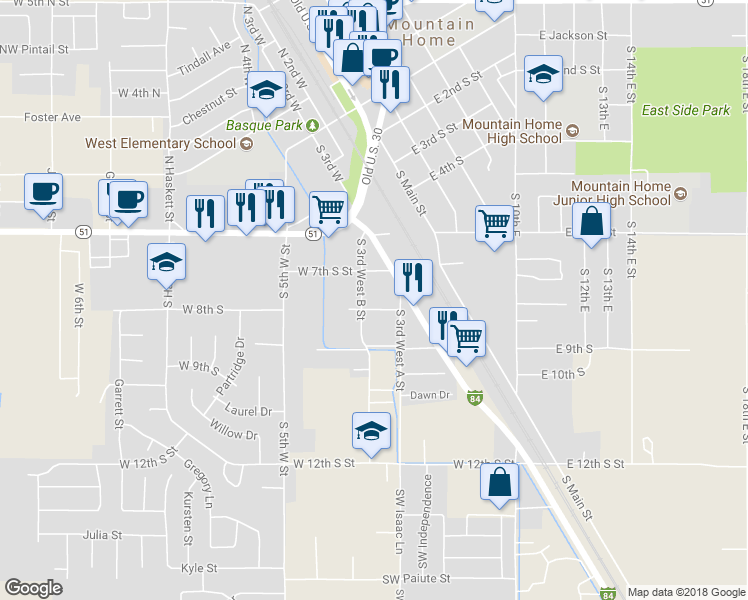 map of restaurants, bars, coffee shops, grocery stores, and more near 360 West 8th South in Mountain Home