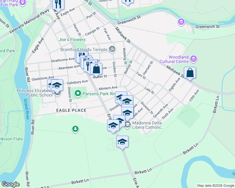 map of restaurants, bars, coffee shops, grocery stores, and more near 100 Mintern Avenue in Brantford