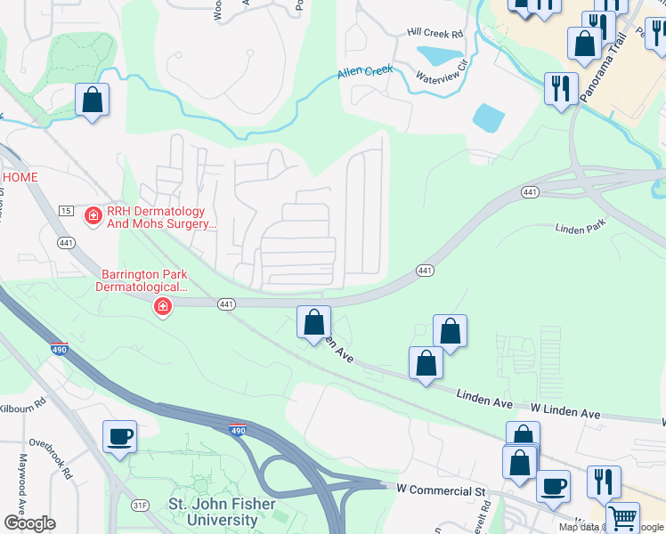 map of restaurants, bars, coffee shops, grocery stores, and more near 1 Harway Drive in Rochester