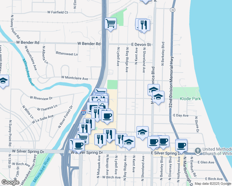 map of restaurants, bars, coffee shops, grocery stores, and more near 5905 North Lydell Avenue in Glendale