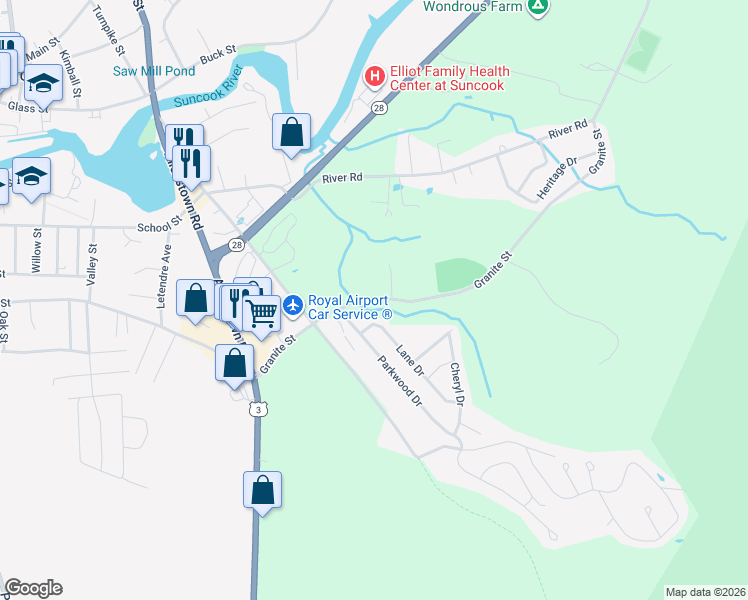 map of restaurants, bars, coffee shops, grocery stores, and more near 130 Granite Street in Allenstown