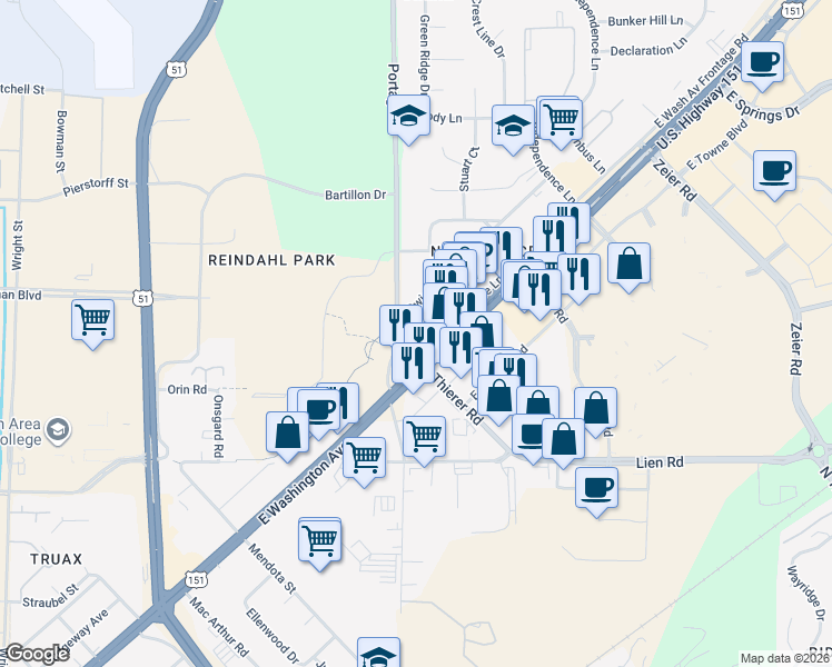map of restaurants, bars, coffee shops, grocery stores, and more near 4016 E Washington Ave in Madison