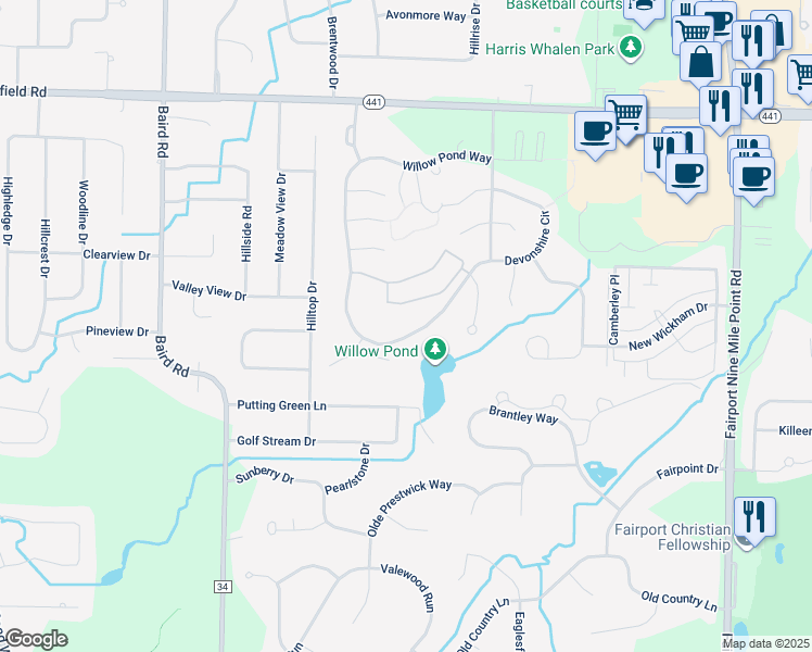map of restaurants, bars, coffee shops, grocery stores, and more near 214 Willow Pond Way in Penfield