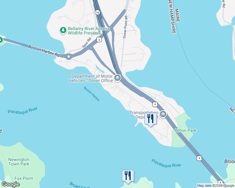 map of restaurants, bars, coffee shops, grocery stores, and more near 393 Dover Point Road in Dover