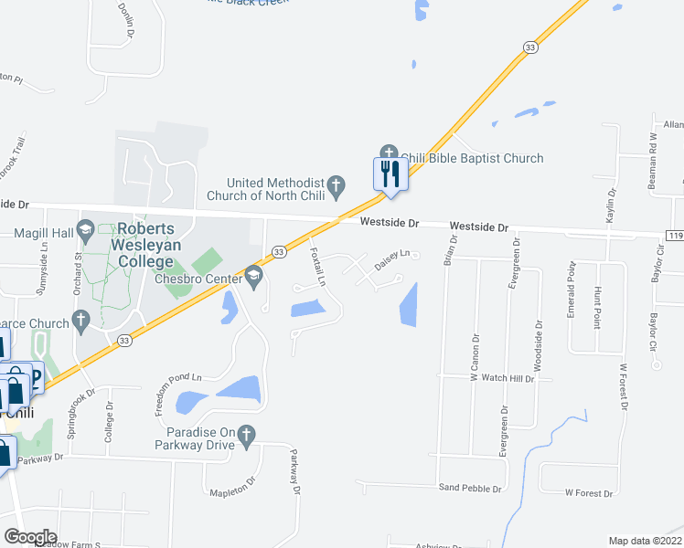 map of restaurants, bars, coffee shops, grocery stores, and more near Spring Flower Drive in Monroe County