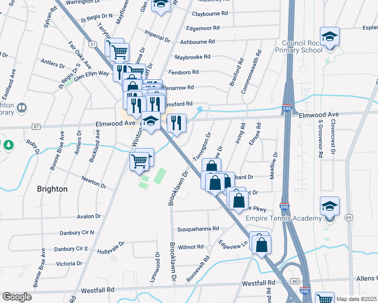 map of restaurants, bars, coffee shops, grocery stores, and more near 2040 Monroe Avenue in Rochester