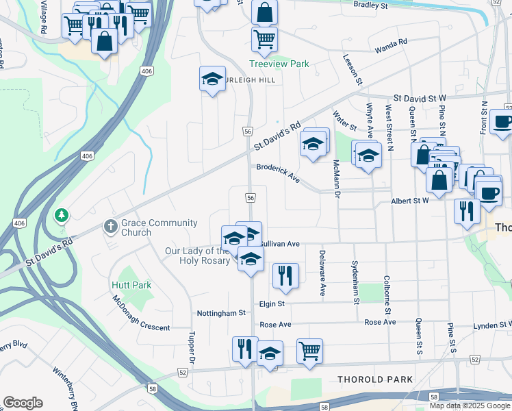 map of restaurants, bars, coffee shops, grocery stores, and more near 26 Collier Road North in Thorold