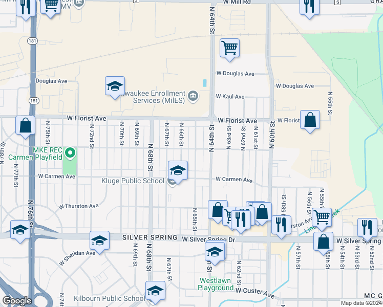 map of restaurants, bars, coffee shops, grocery stores, and more near 6526 West Bobolink Avenue in Milwaukee