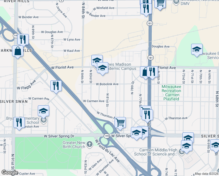 map of restaurants, bars, coffee shops, grocery stores, and more near 5877 North 81st Street in Milwaukee