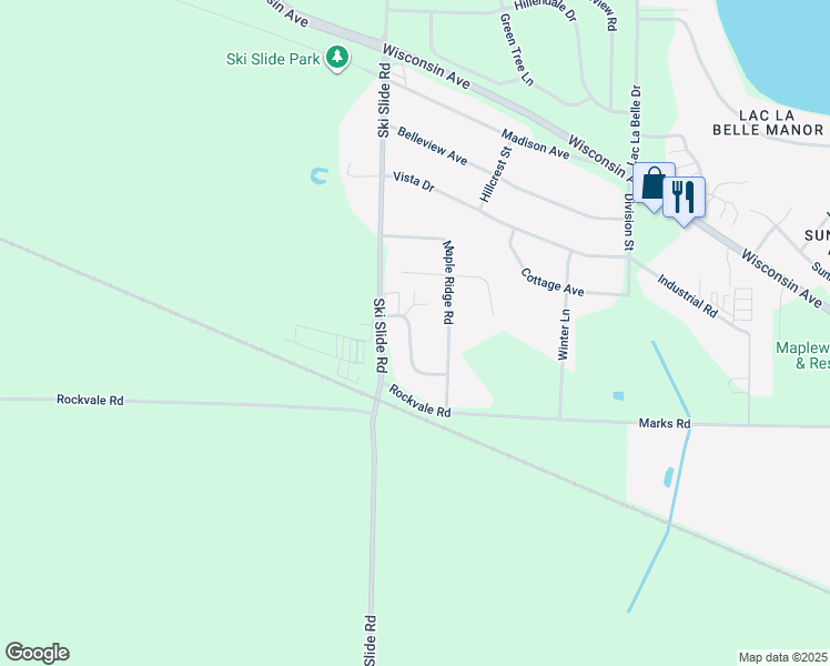 map of restaurants, bars, coffee shops, grocery stores, and more near N7771 Vicksburg Way in Oconomowoc