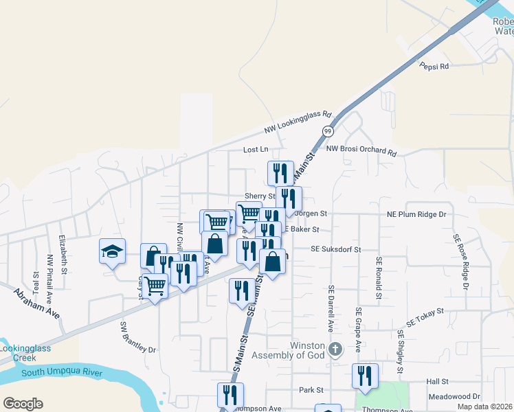 map of restaurants, bars, coffee shops, grocery stores, and more near 214 Northwest Rose Street in Winston