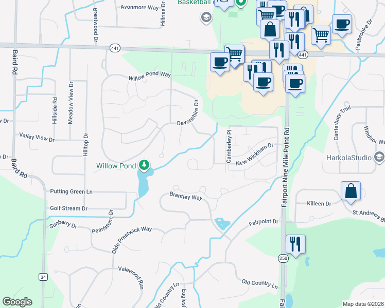 map of restaurants, bars, coffee shops, grocery stores, and more near 19 Penshire Circle in Penfield