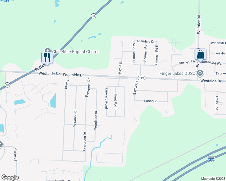 map of restaurants, bars, coffee shops, grocery stores, and more near 11 Emerald Point in Rochester