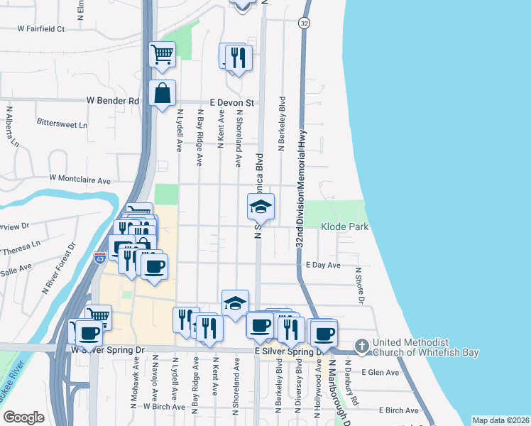 map of restaurants, bars, coffee shops, grocery stores, and more near 5944 North Santa Monica Boulevard in Whitefish Bay