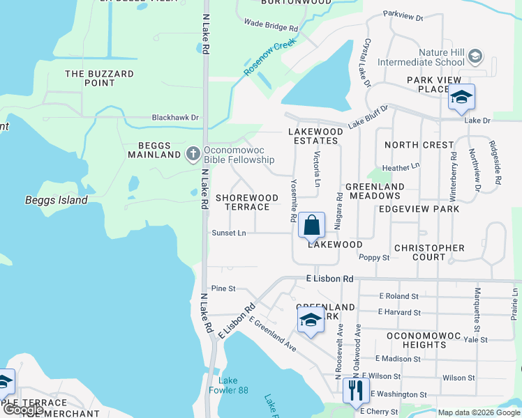 map of restaurants, bars, coffee shops, grocery stores, and more near W378N5789 Farmwood Heights in Oconomowoc