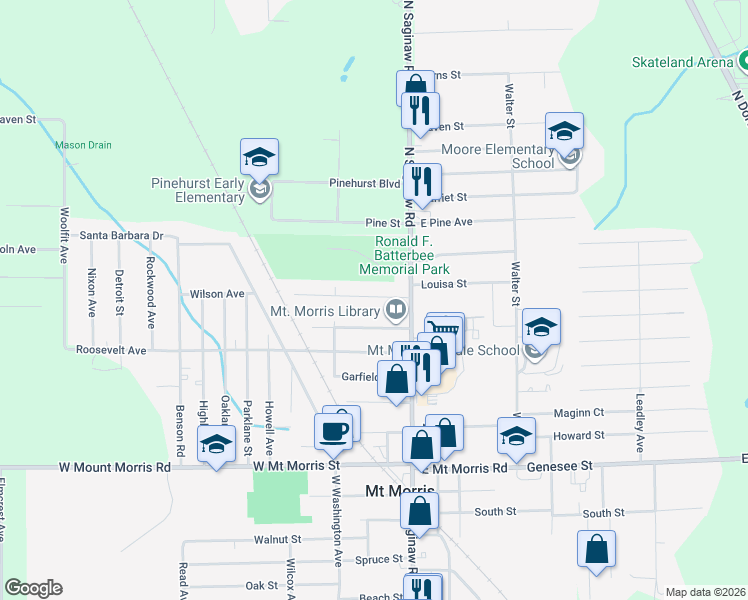 map of restaurants, bars, coffee shops, grocery stores, and more near 651 Wilson Avenue in Mount Morris