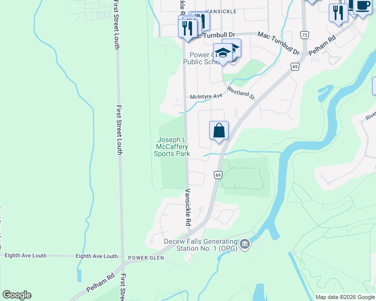 map of restaurants, bars, coffee shops, grocery stores, and more near 88 Vansickle Road in St. Catharines