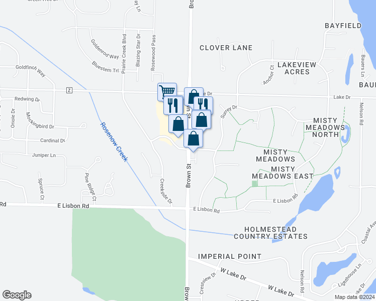 map of restaurants, bars, coffee shops, grocery stores, and more near Brown St & Prairie Creek Blvd in Oconomowoc