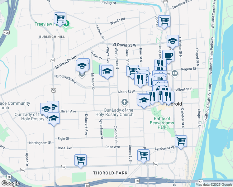 map of restaurants, bars, coffee shops, grocery stores, and more near 1 West Street South in Thorold